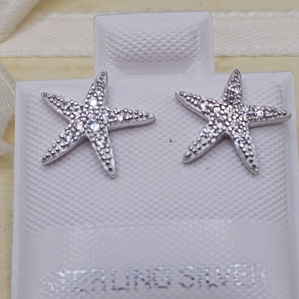 Sterling Silver 925 Rhodium Plated Sea Starfish Cubic Zirconia Stud Earrings